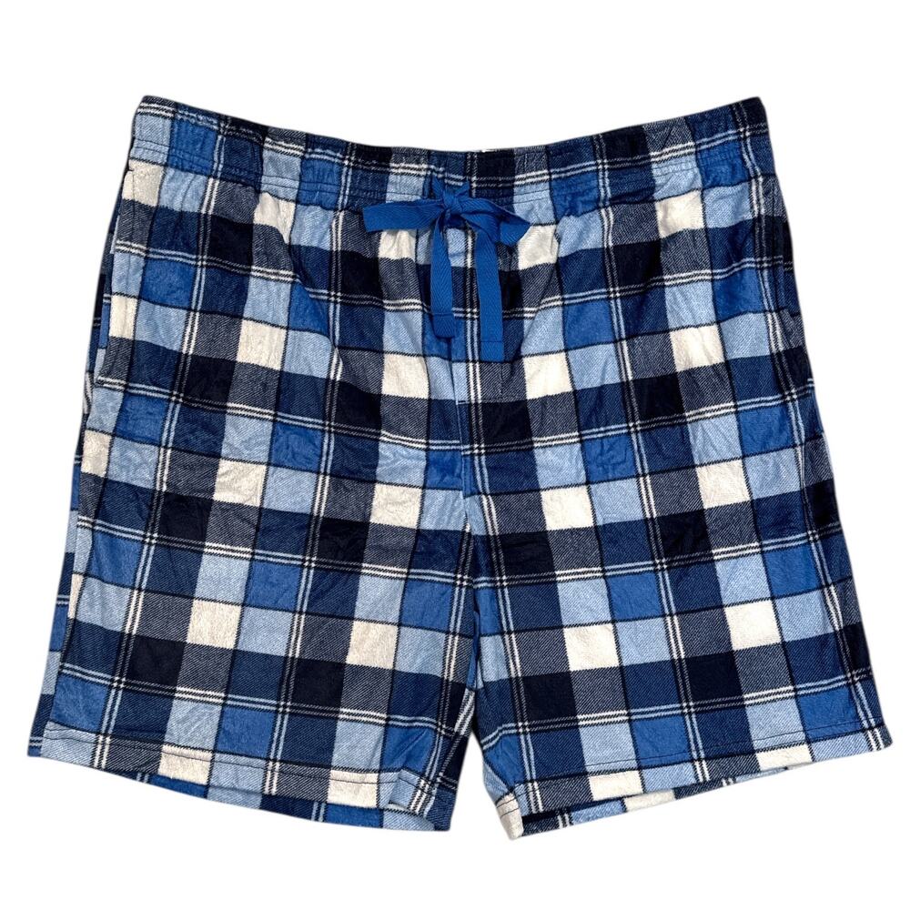 IZOD Men’s Lite Touch Fleece Sleep Lounge Shorts Blue White Plaid 2XL NEW